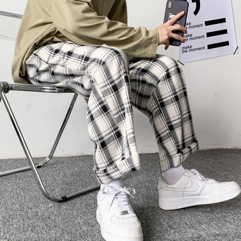 Plaid Trousers Korean Baggy Pants Casual Plaid Pant Men Fashion Straight Trourse Unisex Vintage Checkered Loose Pants Man