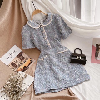 ẢNH THẬT - ĐẦM DẠ TWEED XANH CỔ SEN