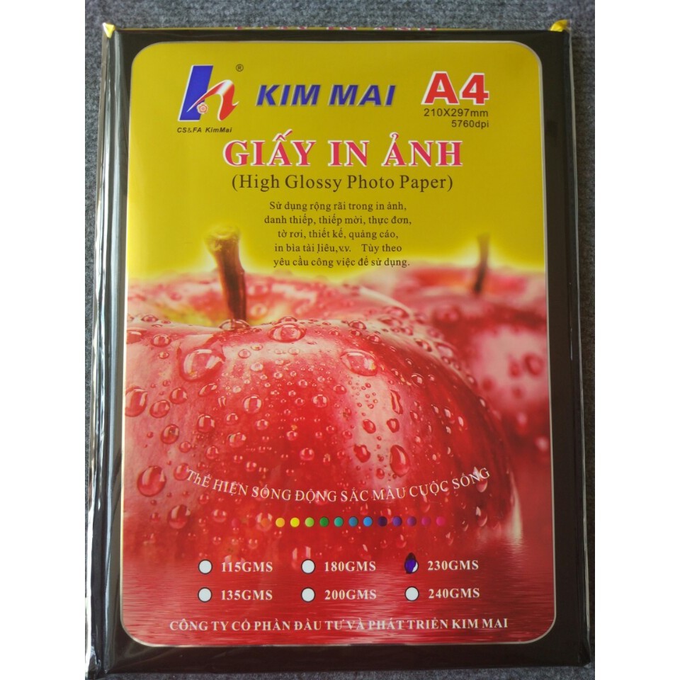 Giấy in ảnh Kim Mai Chất lượng cao, ĐL 230, bóng 1 mặt (50 tờ)