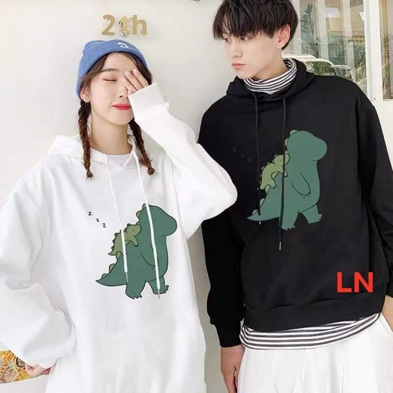 set 2 áo đôi hoodie nỉ bông khủng long to cõng khủng long bé