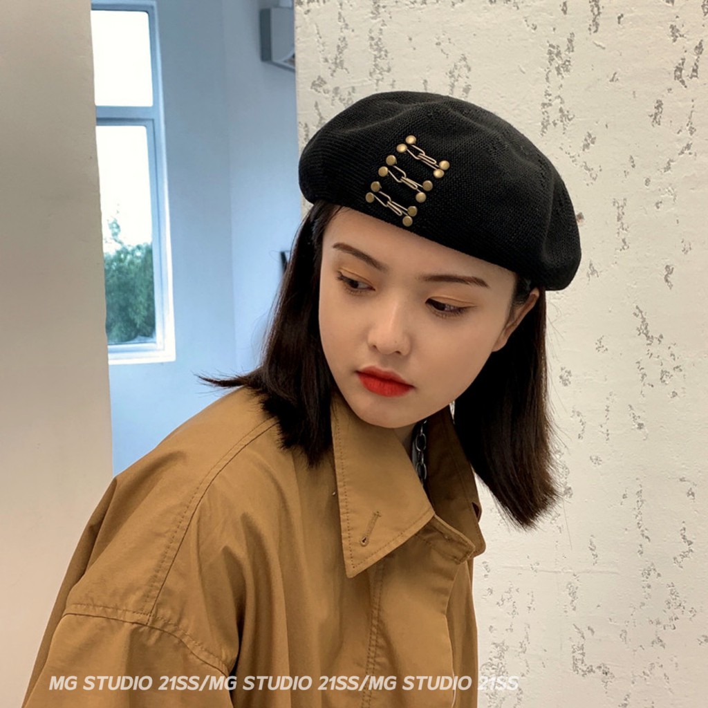 Mũ Beret MG STUDIO Chất Liệu Cotton Thiết Kế Khóa Cài Đinh Tán