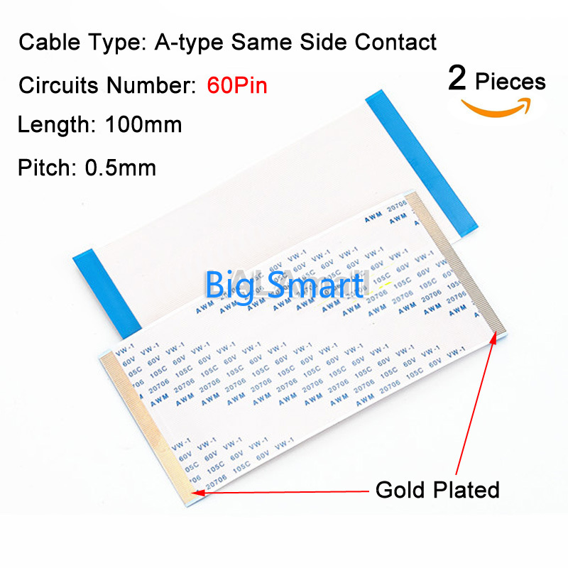 Set 2 cáp dẹt FFC FPC 0.5mm 60V VW-1 100mm 10cm type A mạ vàng 50 pin 60 pin 68 pin 80 pin 96 pin AWM 20706 20861
