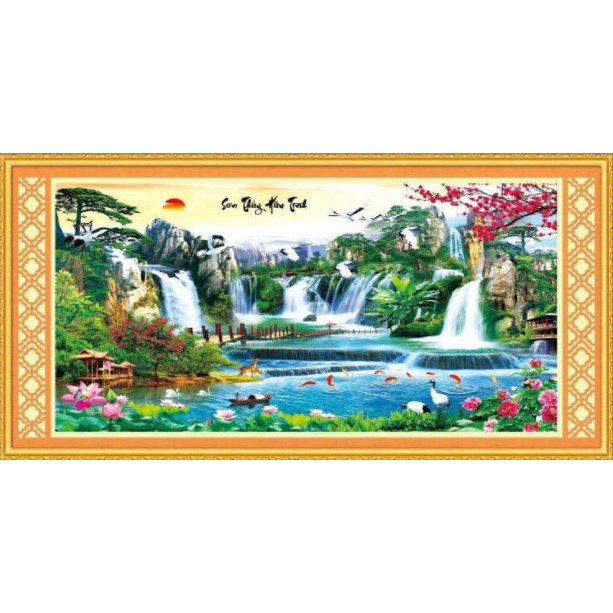 Tranh thêu kín phong cảnh lưu thủy sinh tài  mn0060 ( 150x72) mn0061 (194×80)