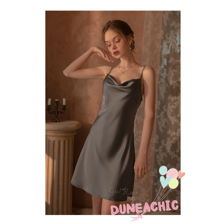 DUNEA Đầm Ngủ Satin Hai Dây Hở Lưng Gợi Cảm Cho Nữ