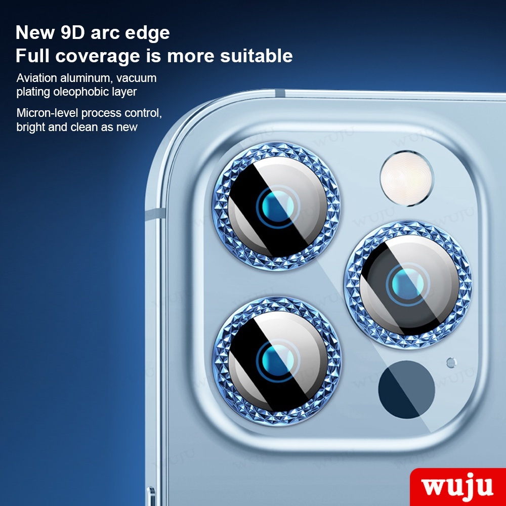 Wuju Kính Cường Lực Viền Hợp Kim Đính Đá Lấp Lánh Bảo Vệ camera Cho iphone 11 12 13 14 pro max plus 12 13