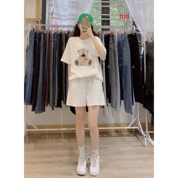 Sét bộ nam nữ  Gấu Tim Đỏ  unisex form thụng giá rẻ áo phông chất cotton mềm mịn mix quần đùi ngố trơn đen