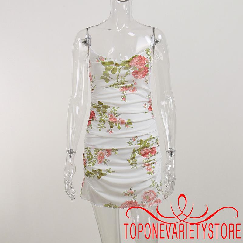 TOPQ-Đầm Mini Không Tay Phối Bèo In Hoa Phong Cách Vintage Cho Nữ