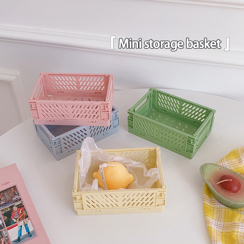 Mini Folding Plastic Storage Box Student Desktop Organizing Handbook Tape Stationery Skin Care Storage Basket My living