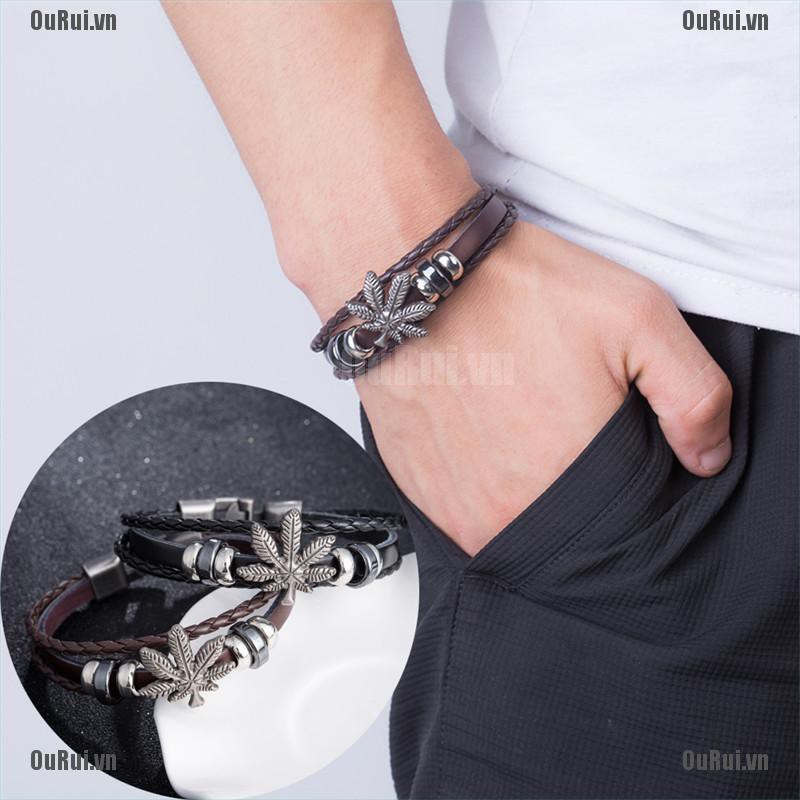 Vòng Tay Da Họa Tiết Chiếc Lá Thời Trang Cho Nam Và Nữ