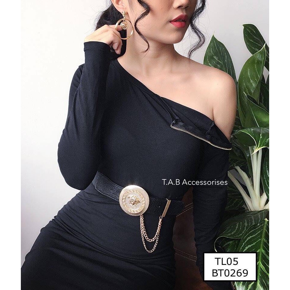dây nịt xinh mặc đầm bản 3cm logo mặt tròn vàng sang chảnh
