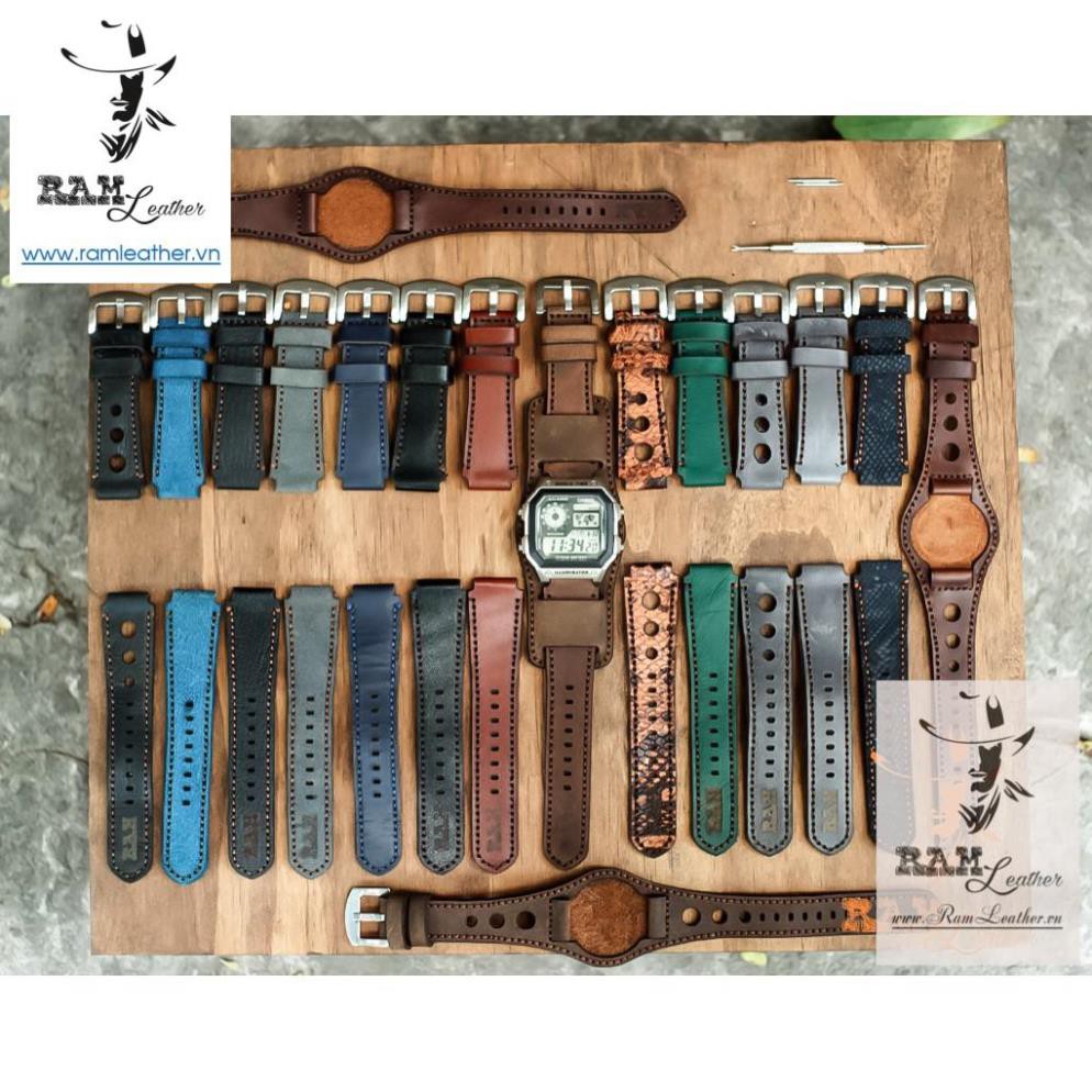 DÂY ĐỒNG HỒ DA BÒ RẰN RI QUÂN ĐỘI CHO CASIO AE 1200 WHD / SEIKO 5/ ORIENT SK - CHÍNH HÃNG RAM LEATHER +