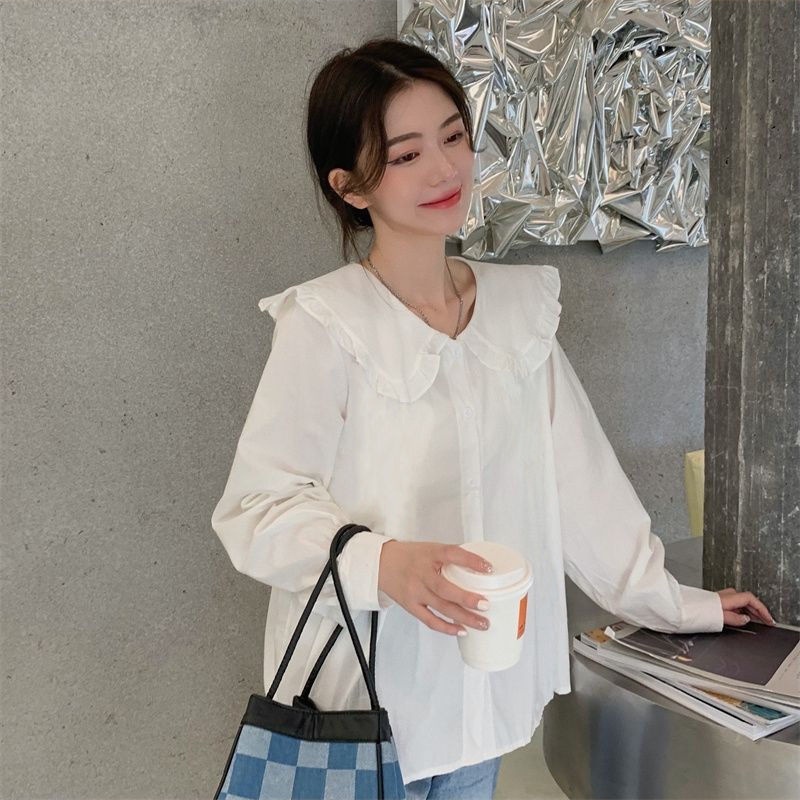 Linki ❀ Áo Sơ Mi Cổ Búp Bê Phong Cách Hàn Quốc Xinh Xắn Cho Nữ