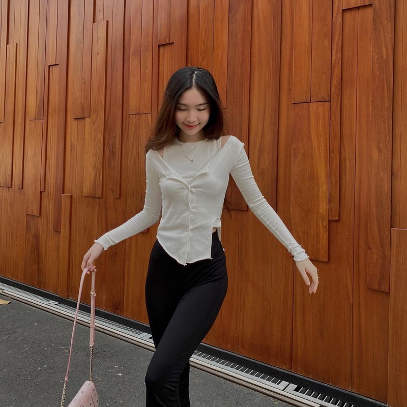 Áo Thun Tay Dài Màu Trơn Thiết Kế Xẻ Tà Kèm 2 Áo Tank Top