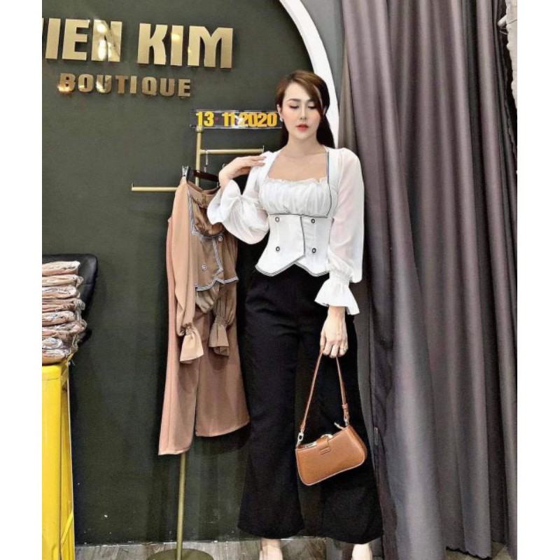 Set bộ tay dài cổ vuông phối viền trắng nút quần ống suông nhỏ bigsize 40-72kg | BigBuy360 - bigbuy360.vn