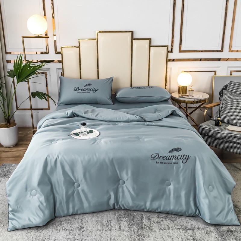 Set Chăn Ga Phi Lụa  - Hàng Trơn Thêu Chữ