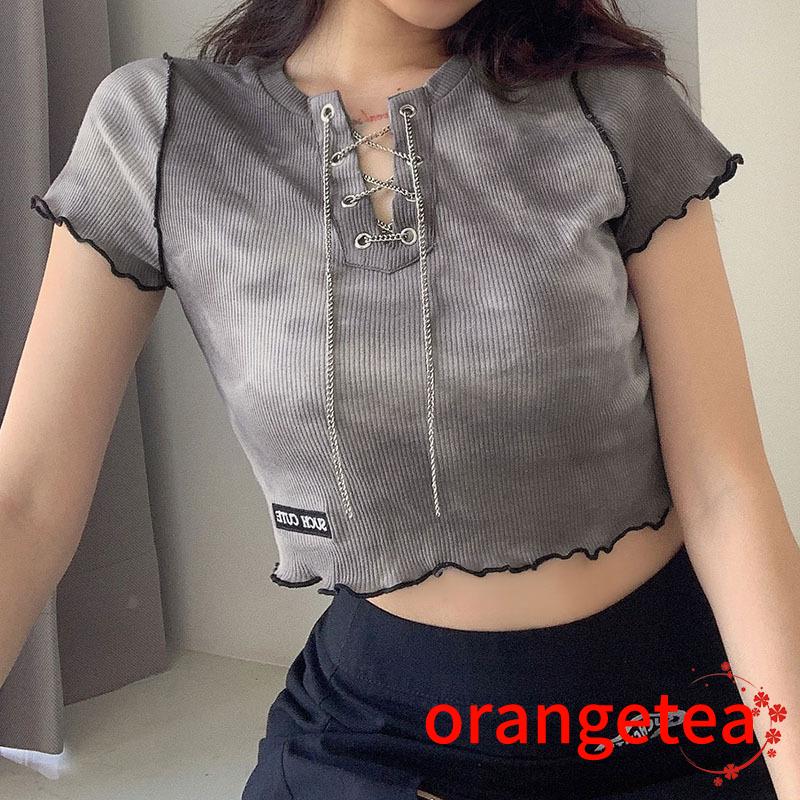  Áo croptop tay ngắn thiết kế cột dây kiểu sợi xích thời trang quyến rũ cho nữ