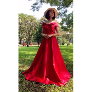 (nhận may theo size) đầm dạ hội cưới trễ vai cách điệu váy xòe, đầm cô dâu đơn giản chụp ảnh cưới đính hôn  báo hỷ