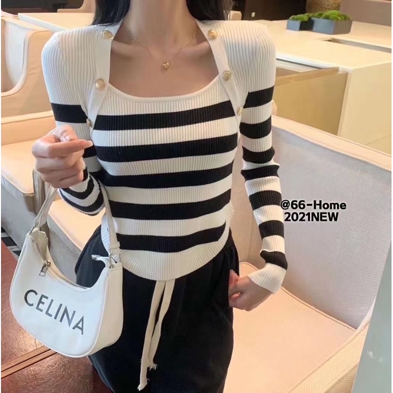 áo len dệt kim vạt tôm cổ vuông mix khuy sang chảnh (1300#)