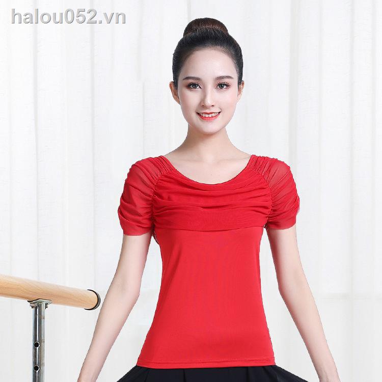 ✿Ready stock✿  square dance Clothing summer tops women s short-sleeved new style Latin dance practice clothes dance black mesh dance clothing