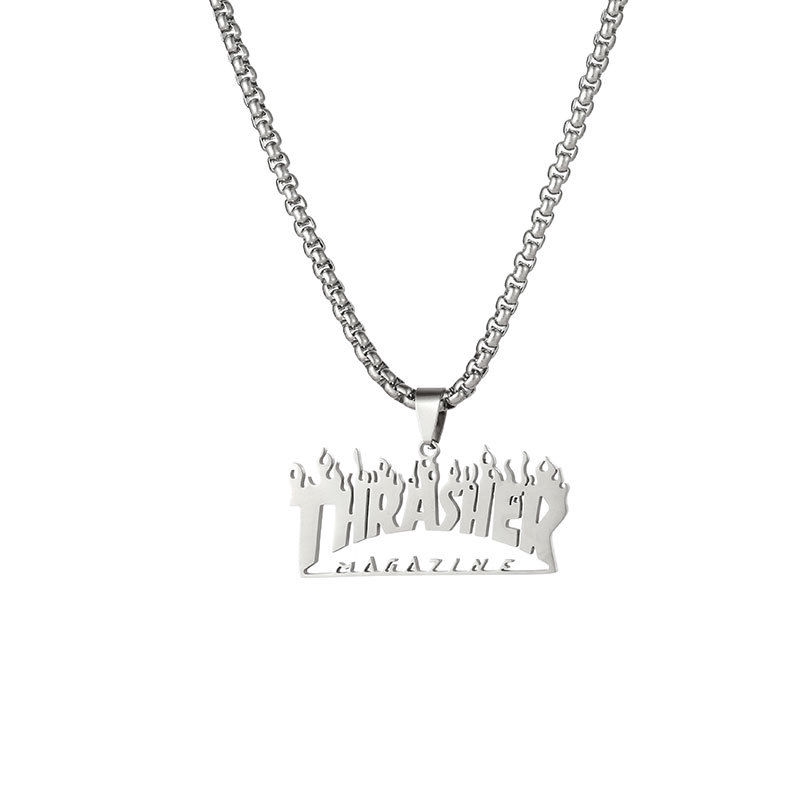 Dây Chuyền Mặt Hình Ngọn Lửa Khắc Chữ Bằng Thép Titan