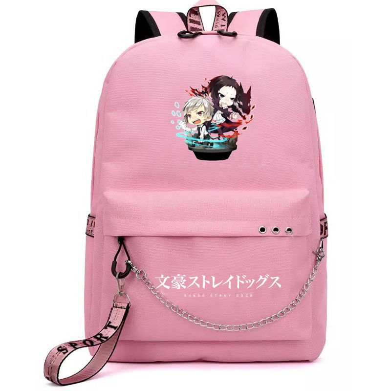 Balo thông minh đen hồng in hình Bungou Stray Dogs chibi anime cặp sách đi học