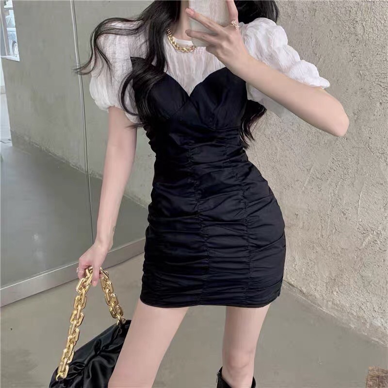 (Ảnh thật) Váy đầm dự tiệc ôm body nhíu thân dáng ngắn phối voan xốp tay phồng sexy cá tính đi học đi chơi đi làm