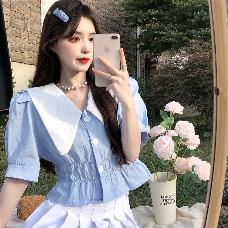 Áo sơ mi IELGY tay ngắn cổ chữ V phối màu sành điệu phong cách Pháp cho nữ