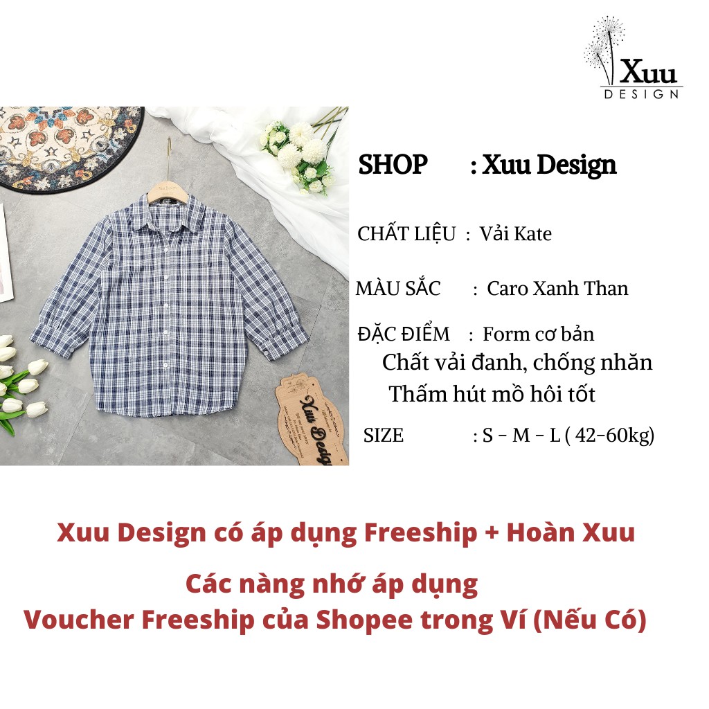 Áo Sơ mi kiểu nữ  Xuu Design, Áo Sơ mi nữ caro công sở Chất Vải Kate đẹp [Xu02 caro xanh]