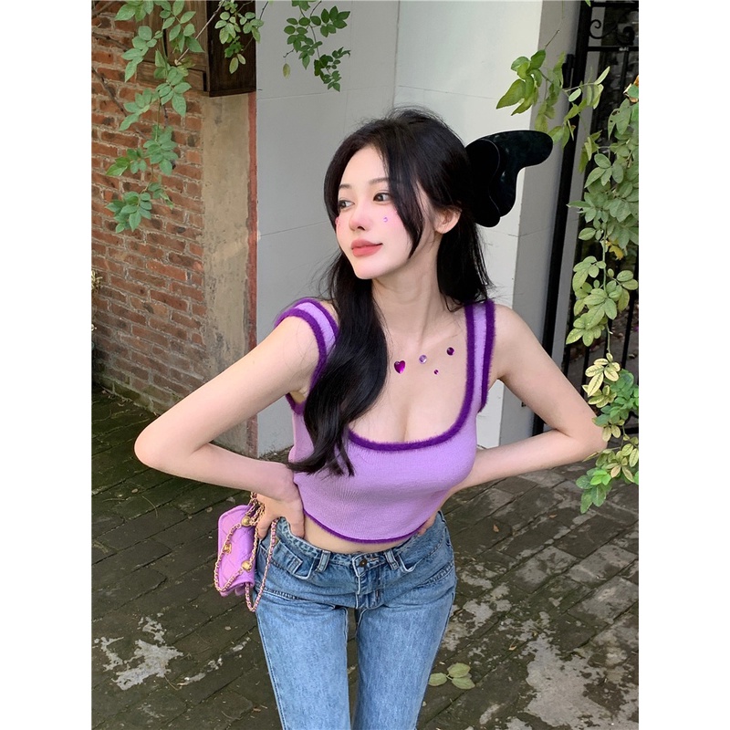 Áo kiểu hai dây ZHELIHANGFEI dệt kim ôm dáng vừa vặn viền phối vải lông quyến rũ thời trang