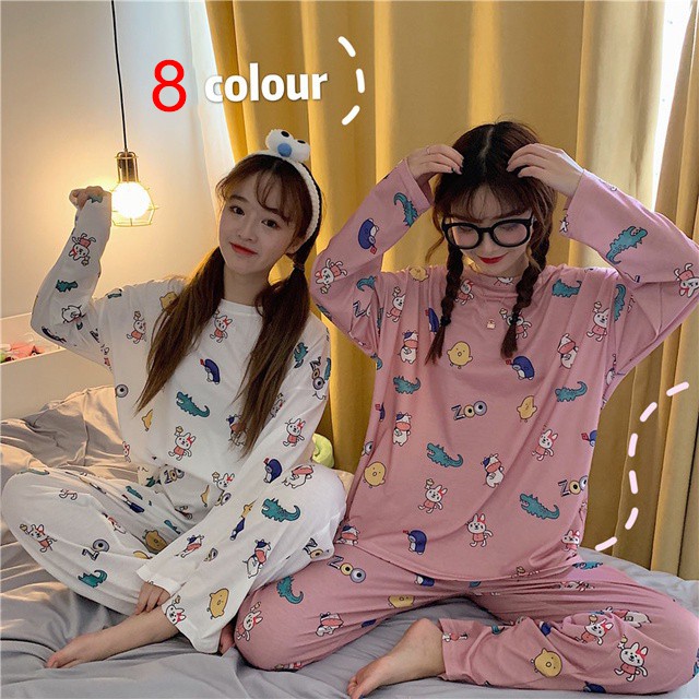 Bộ đồ ngủ cotton tay dài gồm hai món kiểu dáng dễ thương phong cách Hàn Quốc dành cho nữ