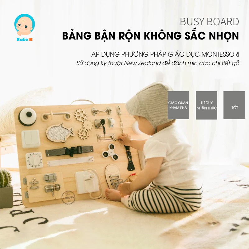 BUSY BOARD Bảng Bận Rộn không sắc nhọn, bảng gỗ thông minh, đồ chơi gỗ cho bé  - Shop Babe K