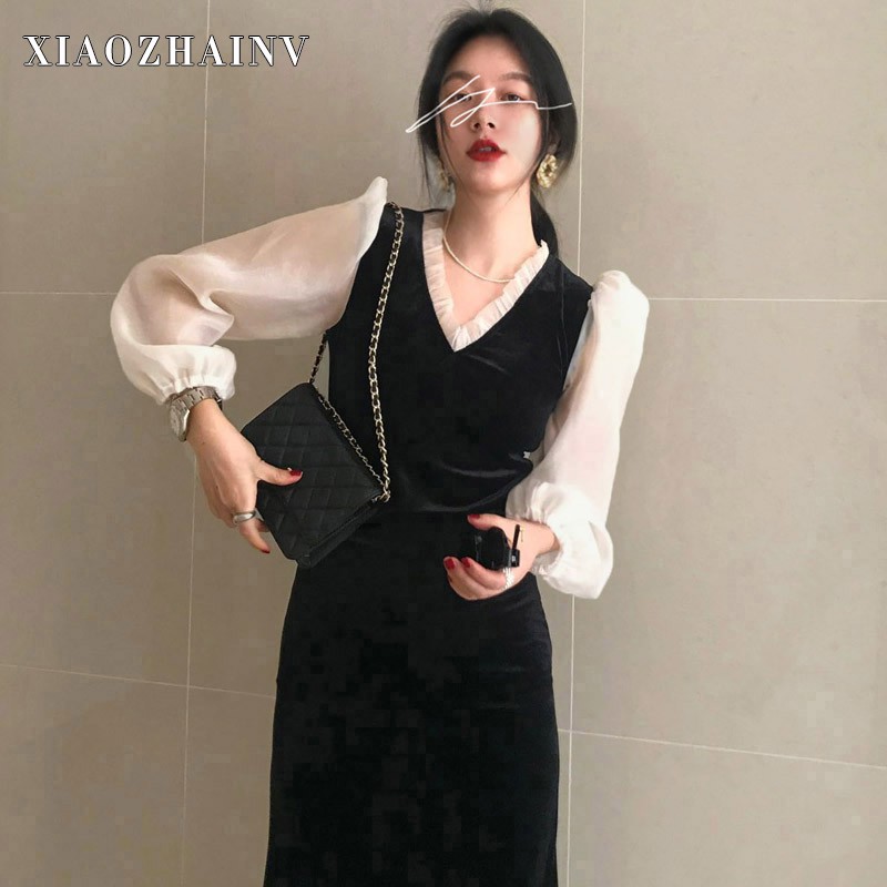 Đầm Nhung Xiaozhainv Tay Dài Cổ Chữ V Phong Cách Retro Hàn Quốc | BigBuy360 - bigbuy360.vn