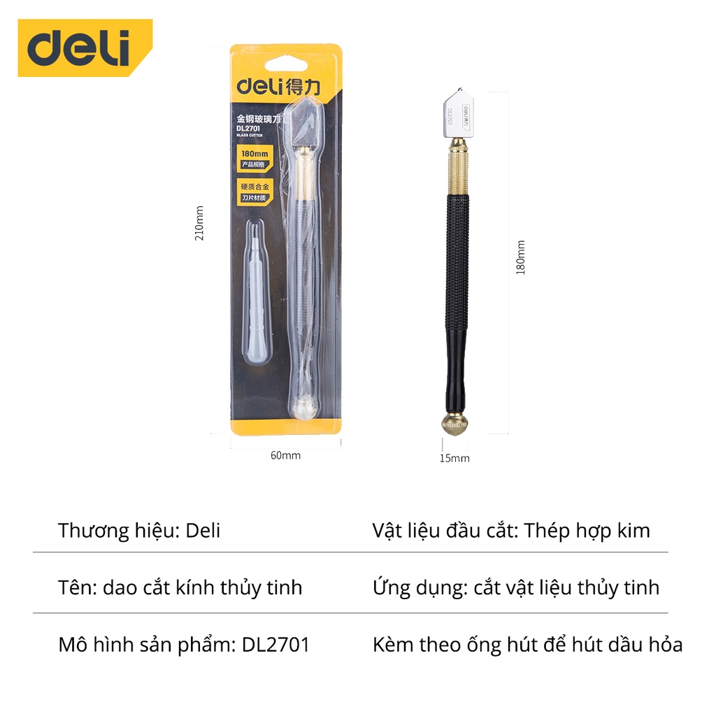 Dao Cắt Kính Thủy Tinh Deli 180mm Chất Lượng Cao - Lưỡi Dao Sắc Bén, Đường Cắt Gọn Đẹp, Thiết Kế Nhỏ Gọn - DL2701