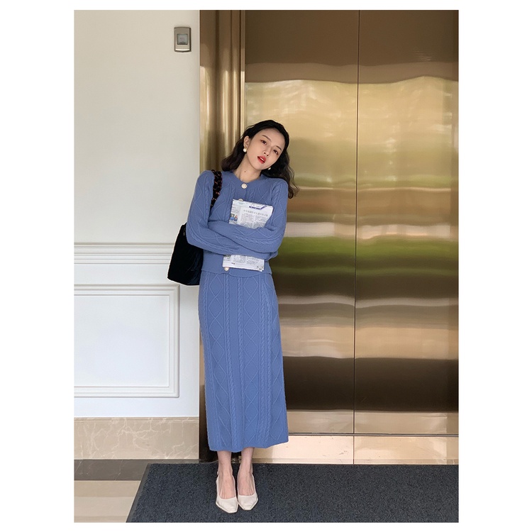 Set Áo Khoác Len + Chân Váy Dệt Kim Phong Cách Hong Kong Cho Nữ