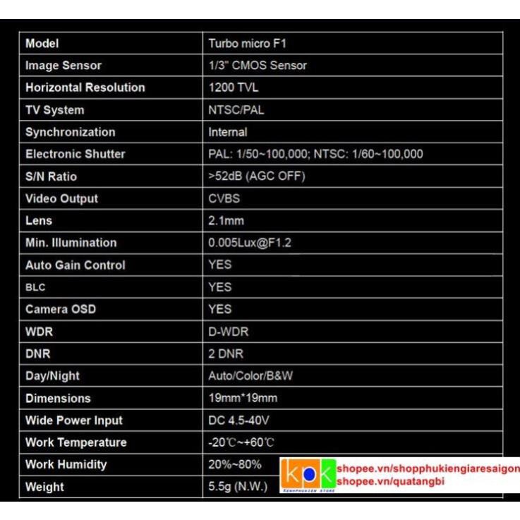 Turbo micro F1 camera giành cho máy bay điều khiển từ xa