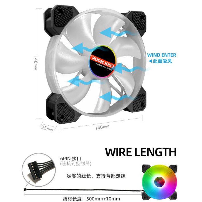 Quạt Tản Nhiệt, Fan 14cm Led RGB Coolmoon Y14 - Đồng Bộ Hub Coolmoon