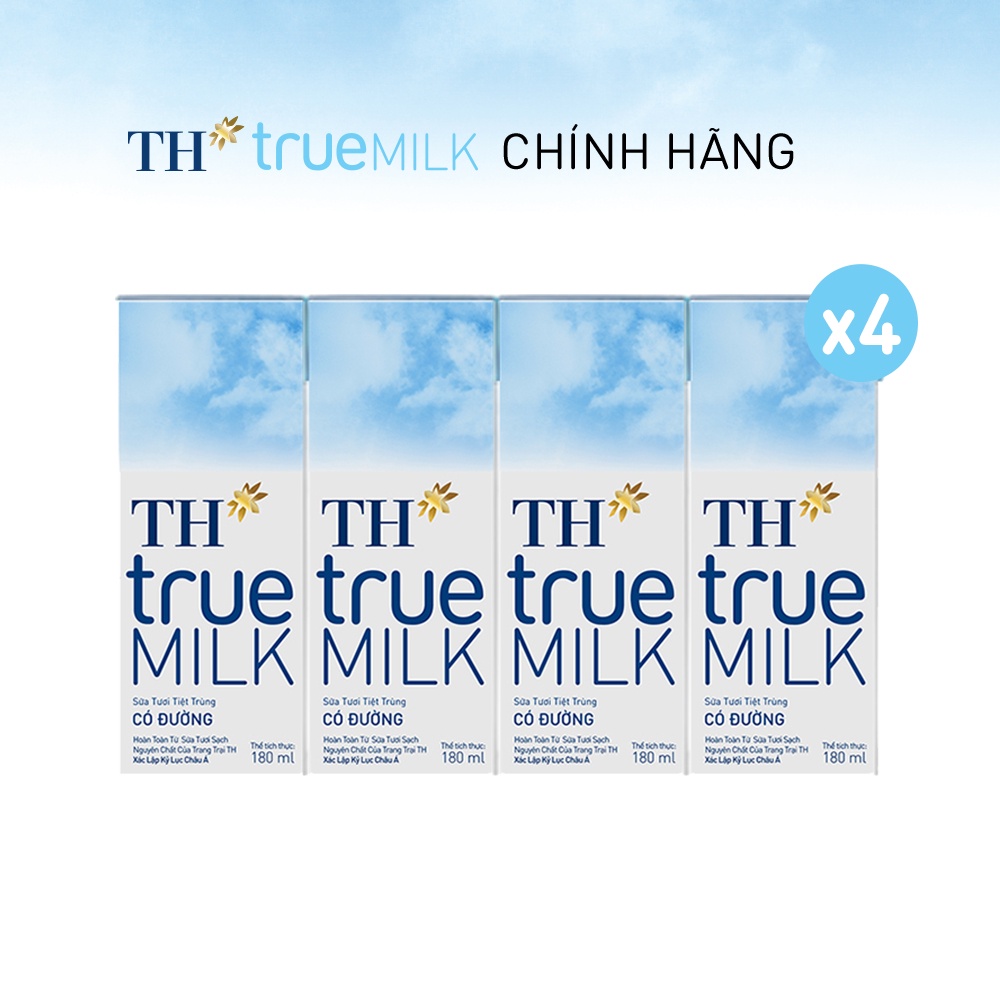 4 Lốc sữa tươi tiệt trùng có đường TH True Milk 180ml (180ml x 4 hộp)