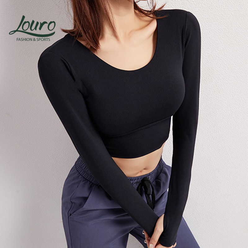 Áo tập gym yoga dài tay Louro LA30D, kiểu áo croptop body dài đan chéo, có sẵn mút ngực, chất liệu co giãn, thoáng mát