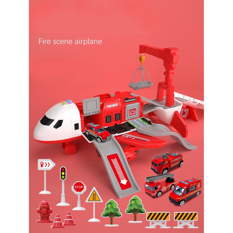 Đồ chơi máy bay chạy pin kèm 4 xe cứu hỏa kim loại hot wheels có giàn cẩu, đèn biển báo