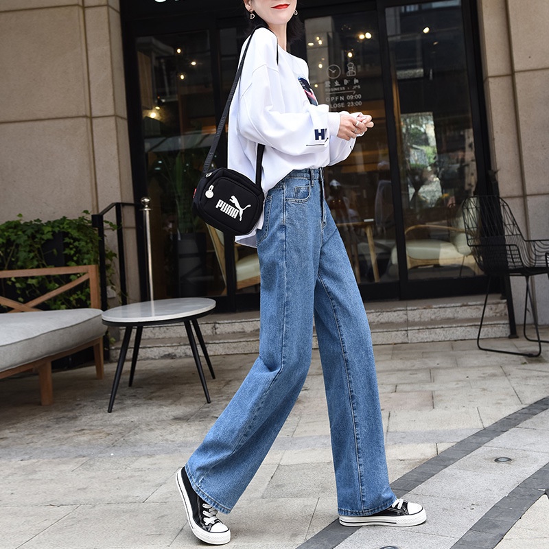 IELGY    Quần Jean Ống Rộng Lưng Cao Mềm Mại Dành Cho Nữ
