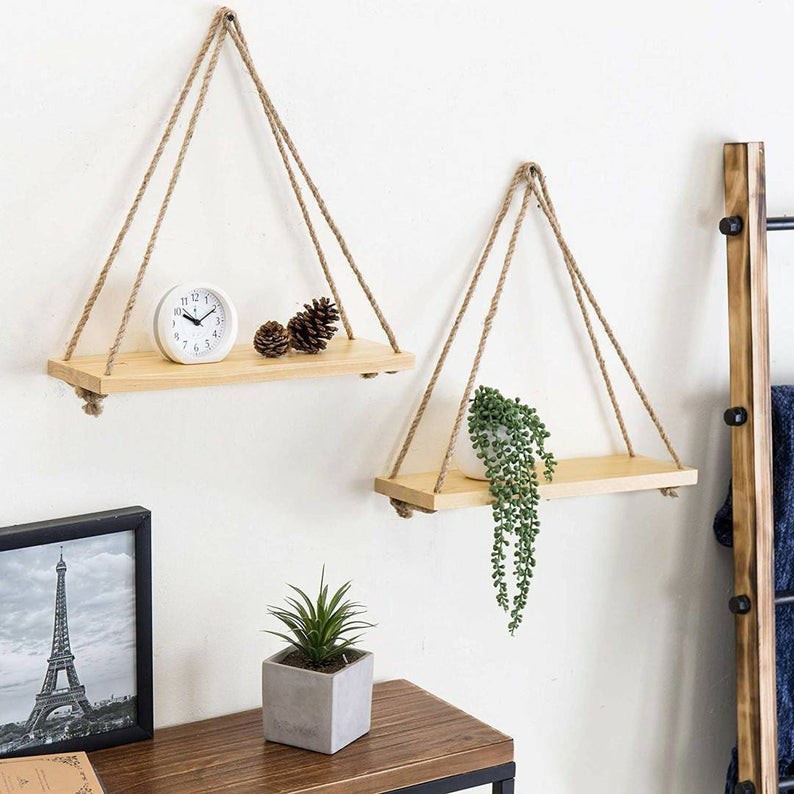 Kệ gỗ treo tường dây thừng trang trí nhà cửa kích thước 10x30cm loại 1 tầng, trang trí decor, vitage, sịn xò.