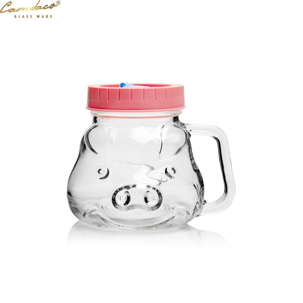Ly Cốc Thủy Tinh Hình Con Heo CAMDACO GLASS WARE 480ML Nắp Nhựa ABS -  Màu Ngẫu Nhiên