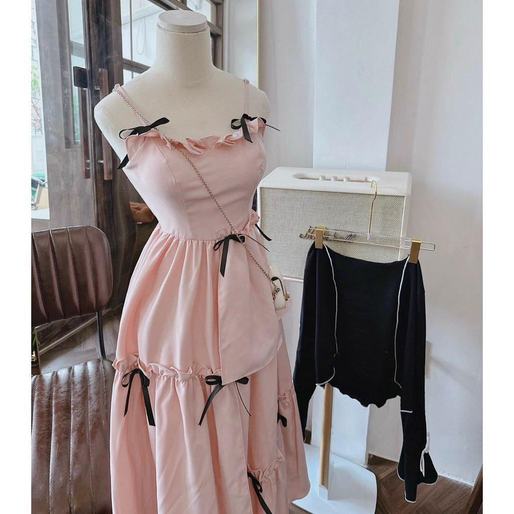 SET ĐẦM 2 DÂY HỒNG ĐÍNH NƠ ĐEN + KHOÁC ĐEN VIỀN