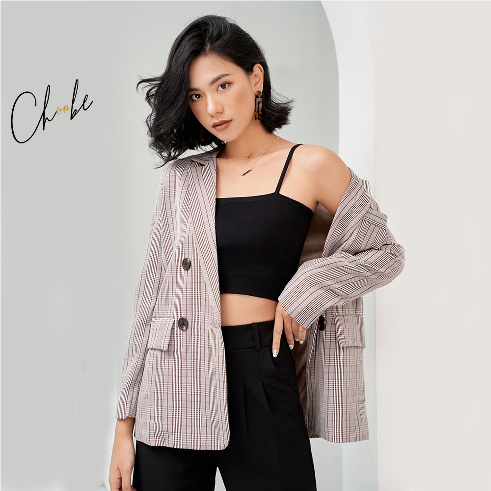 Áo blazer nữ Choobe hai lớp dài tay vest kẻ caro cao cấp form suông Hàn Quốc BL01