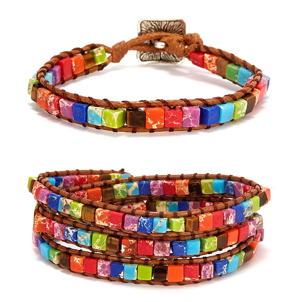 Vòng đeo tay RINHOO dây da đính hạt đá vuông kim loại chạm khắc tinh xảo thời trang