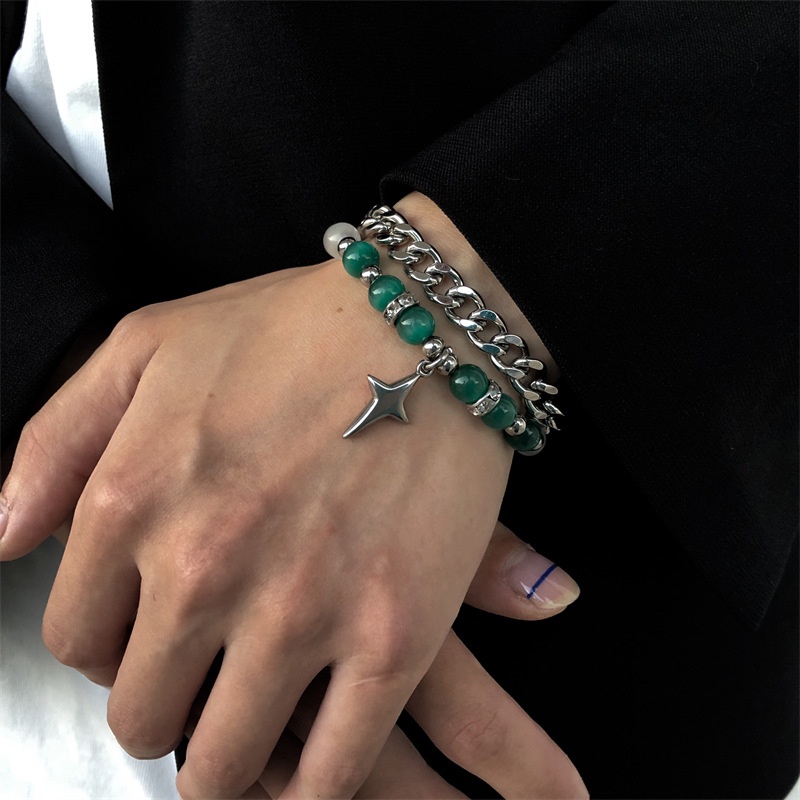 Vòng Tay Hai Lớp Bằng Thép Titan Mắt Mèo Đính Ngọc Trai Thiết Kế Sang Trọng Cho Nam Và Nữ