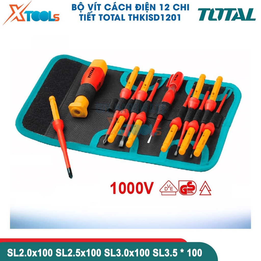 Bộ tua vít cách điện 1000v 12 chi tiết TOTAL THKISD1201, Bộ 12 tuốc nơ vít cách điện thay đổi đầu [CHÍNH HÃNG][XTOOLS]