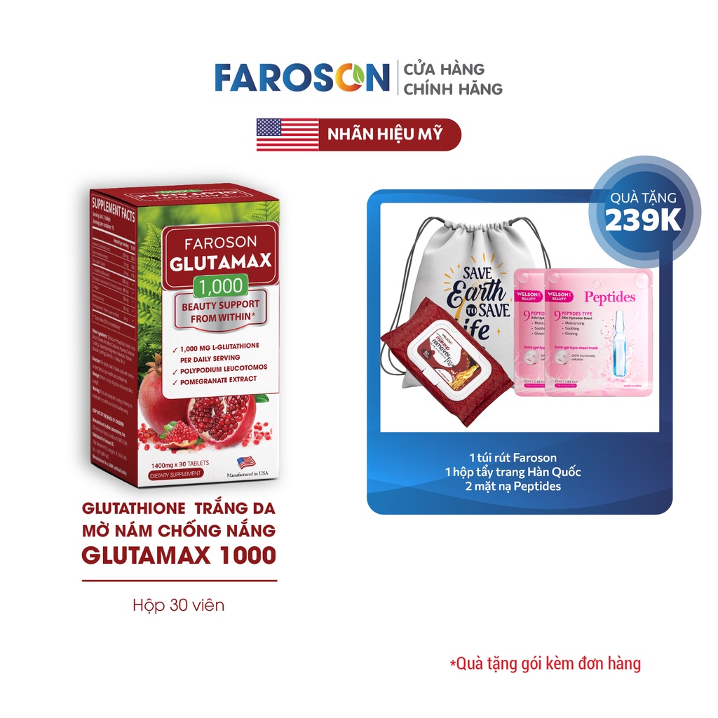 Glutathione trắng da mờ nám chống nắng Glutamax 1000 hộp 30 viên