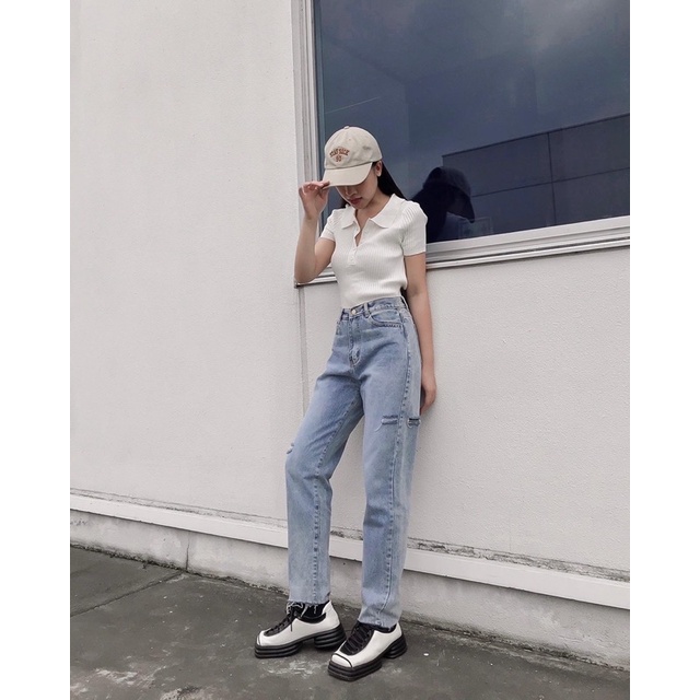 Quần Cara Jeans Baggy Rách Sườn