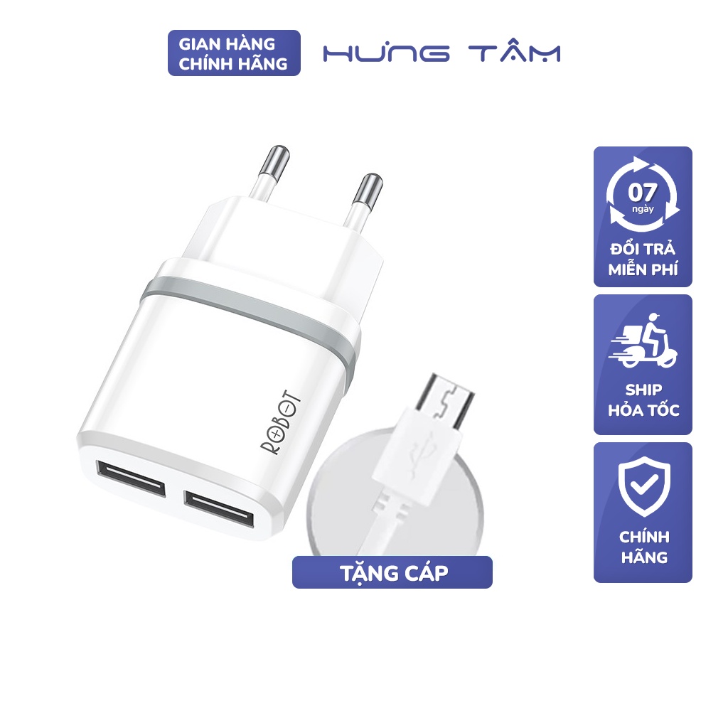 Bộ sạc chính hãng ROBOT 2 cổng USB kèm cáp micro 1m, chip thông minh tự nhận biết dòng điện, Vỏ chống xước và chịu nhiệt